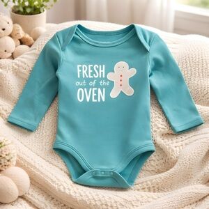 Teal Baby Christmas Onesie with Gingerbread Man “Fresh out of the oven”
